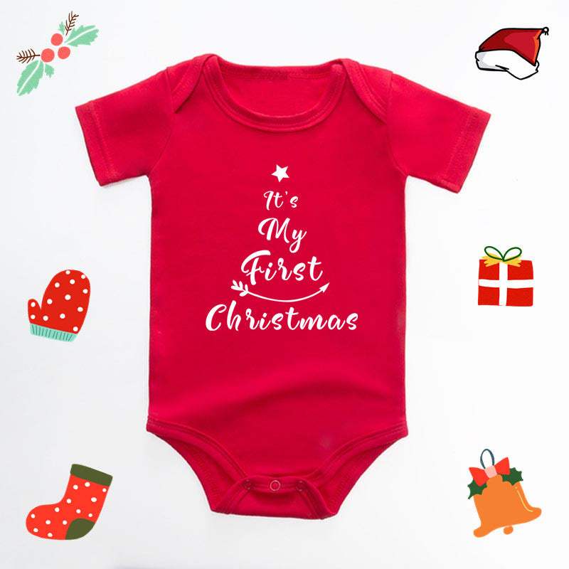 Baby Christmas Deer Red Triangle Romper | English Letter Print
