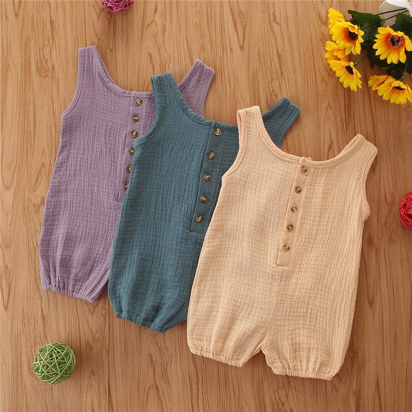 Baby Sleeveless Cotton Linen Romper | Solid Color | Summer