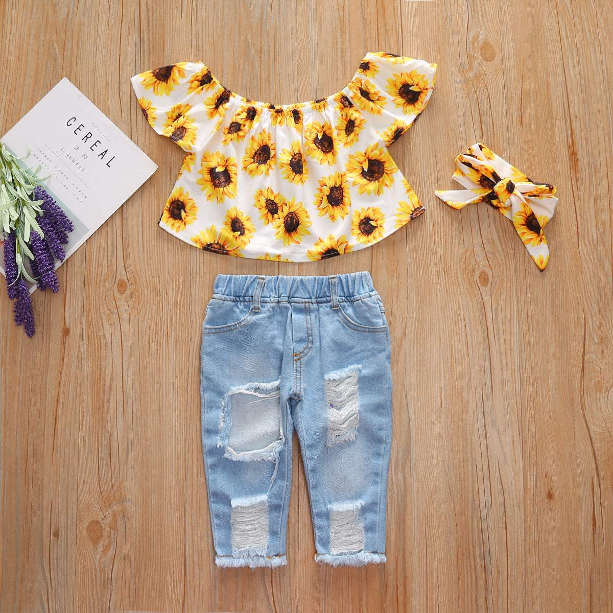 Kids' Cotton Ripped-Hole Pants And Headscarf 3-Piece Set | Flower Pattern | White And Yellow