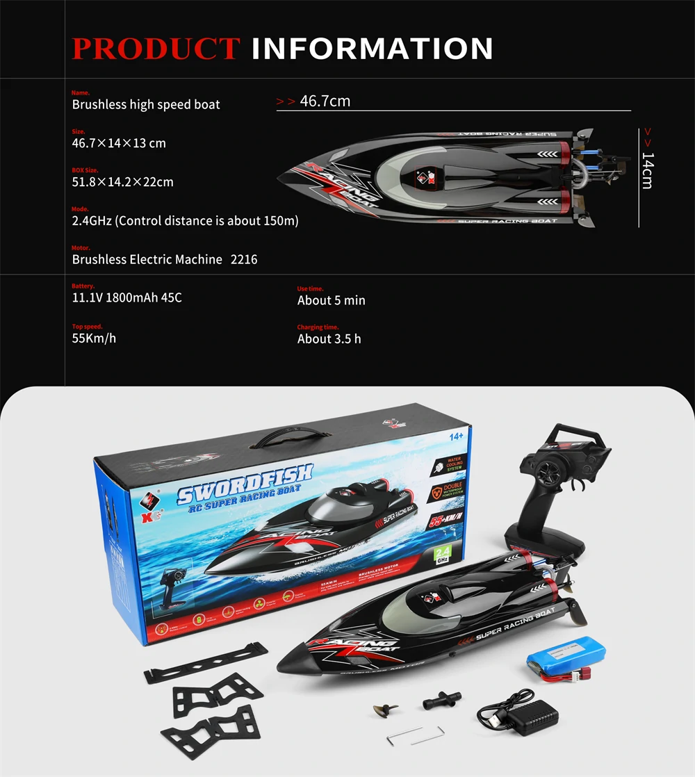 RC WL916 High-Speed 2.4G Brushless RC Boat with LED Lights & Water Cooling System - 60km/h Fast Remote Control Model