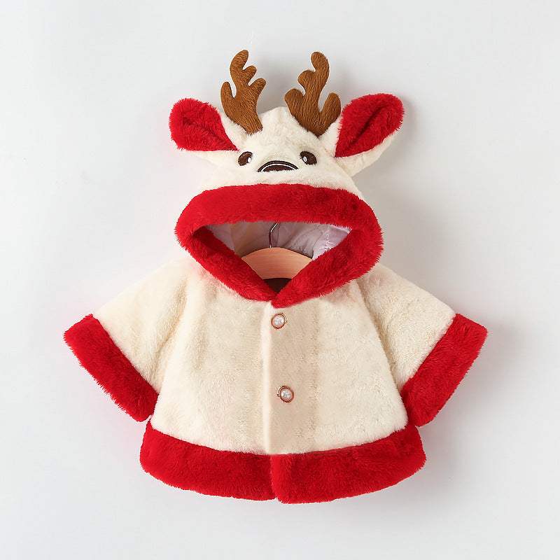 Kids' Thick Hooded Cape Coat With Small Antlers | White