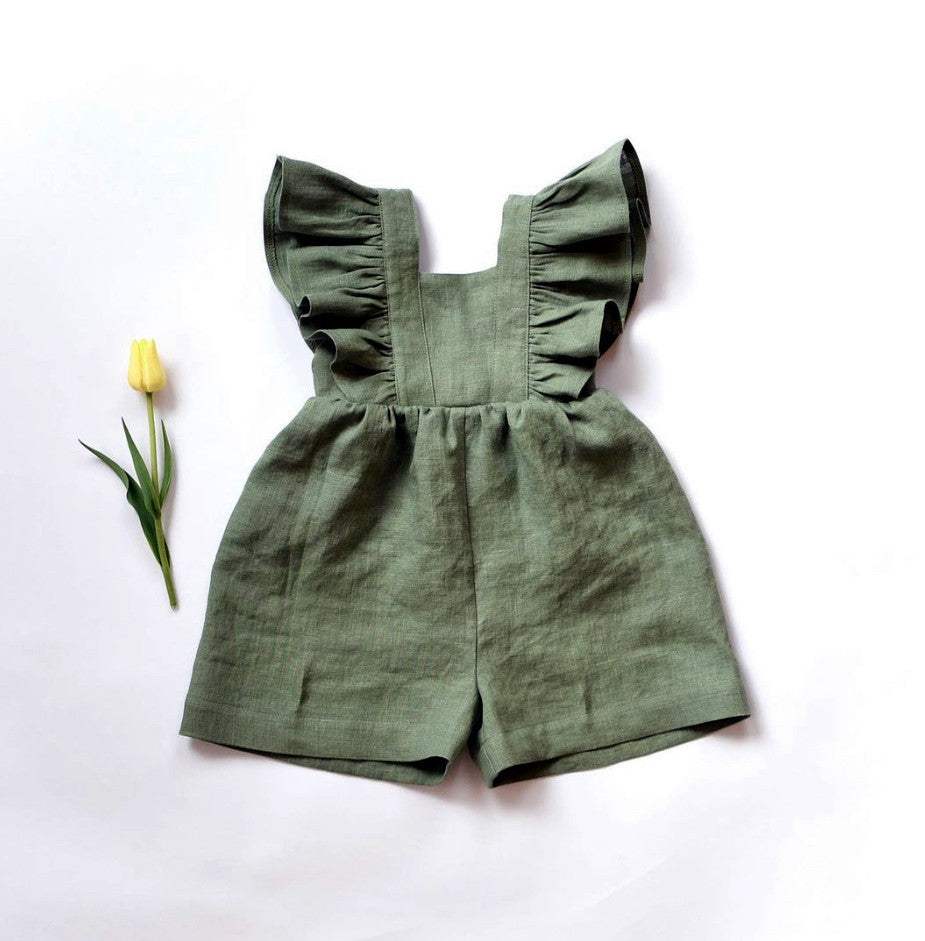 Infant Cotton And Linen One-Piece Strap Shorts Romper | Green, Apricot, Brown And Khaki