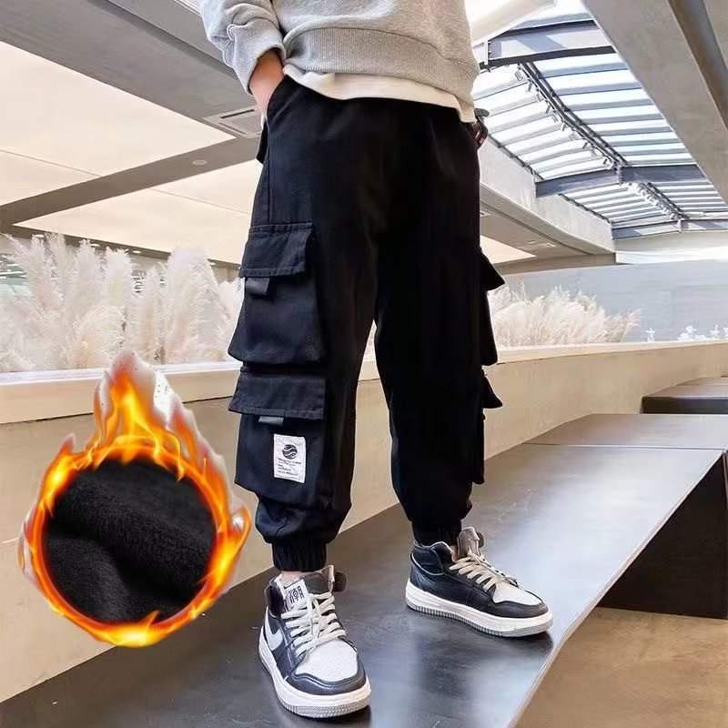 Big Kids' Multi-Pocket Fleece Cargo Work Pants | Ankle-Tie | Black And Green