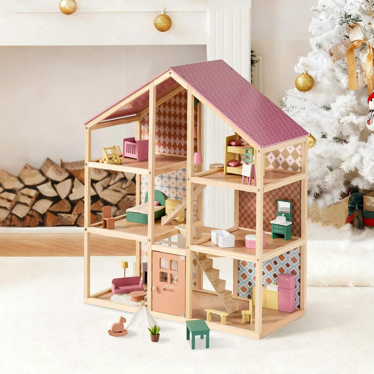 Dollhouse | Wooden Build With Poseable Dolls | Soft Pastel Colors | For Kids