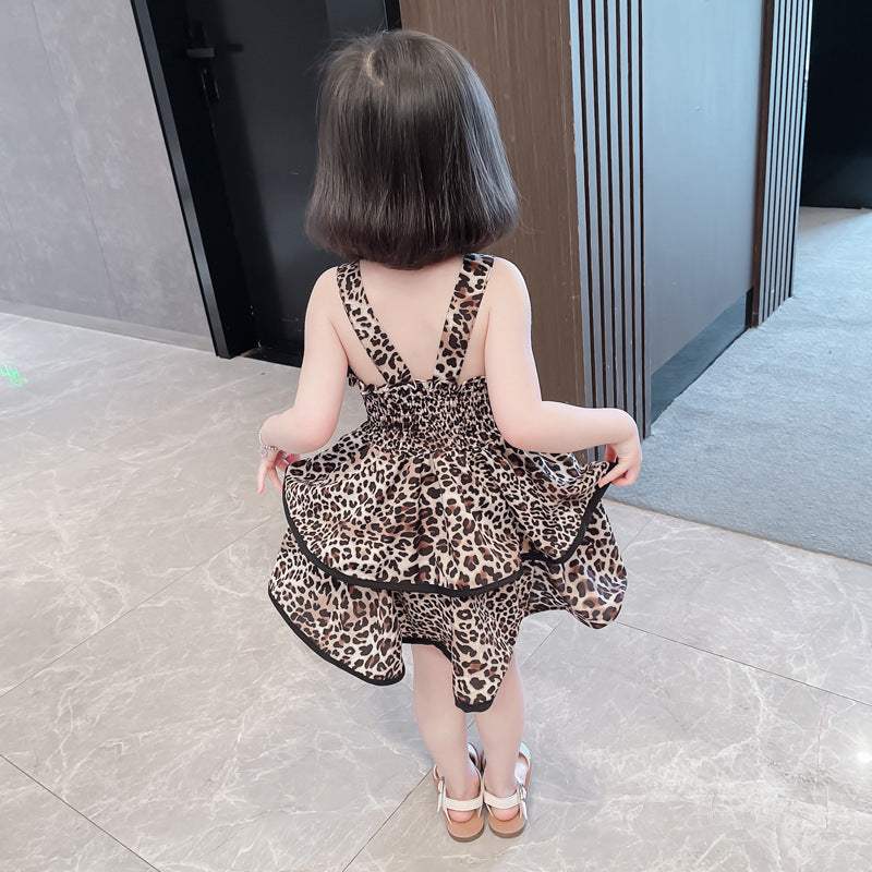 Girls' Leopard-Print Backless Lace-Up Tiered Dress | Coffee