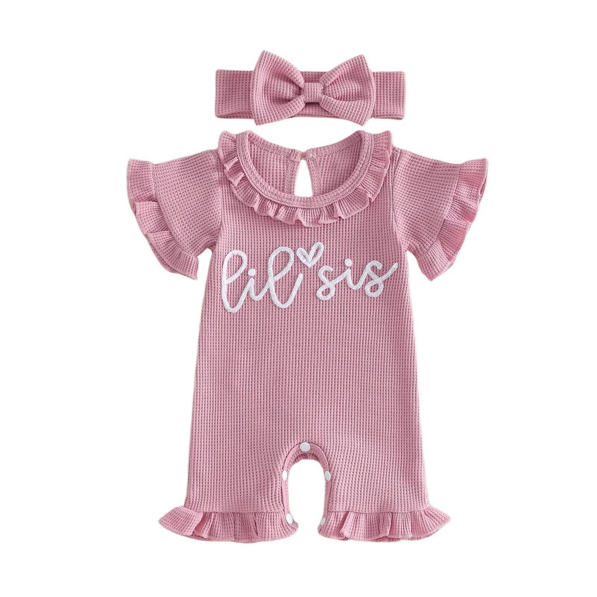 Baby Lace-Trim Short-Sleeve Romper With Headband | Khaki And Pink