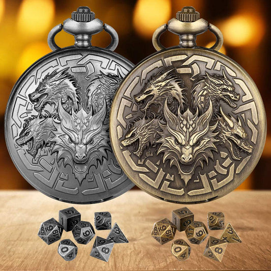 Retro Pocket Watch Shaped Tabletop Game Dice Set | 7-Piece Metal Polyhedral Dice