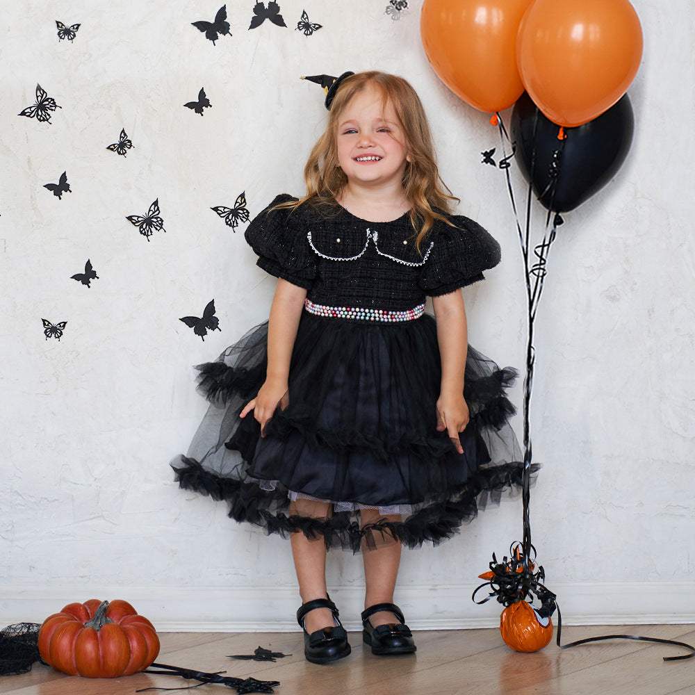 Girls' Halloween Mesh Stitching Puff Sleeve Dress | Black