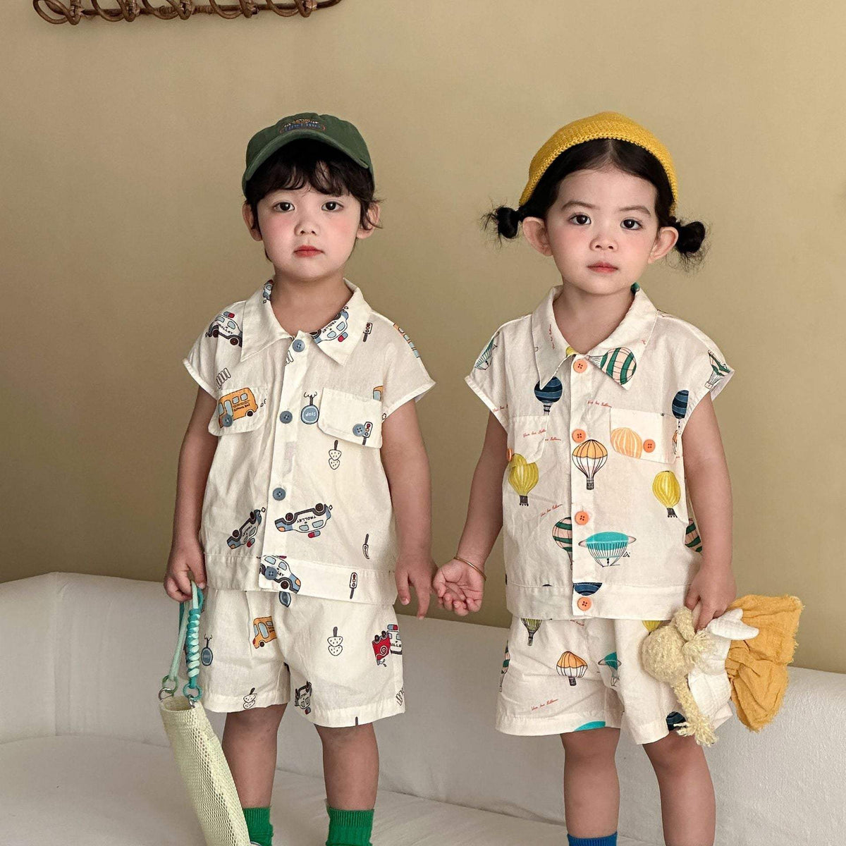 Kids' Thin Summer Shirt Set | Cartoon Car And Hot Air Balloon
