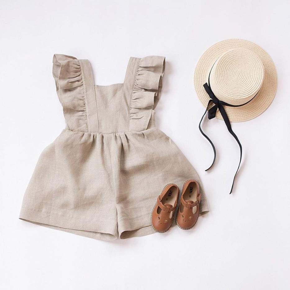 Infant Cotton And Linen One-Piece Strap Shorts Romper | Green, Apricot, Brown And Khaki