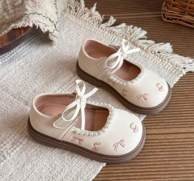 Girls' Pearl Bow Leather Shoes | PU Leather Upper | Rubber Sole | Spring & Autumn