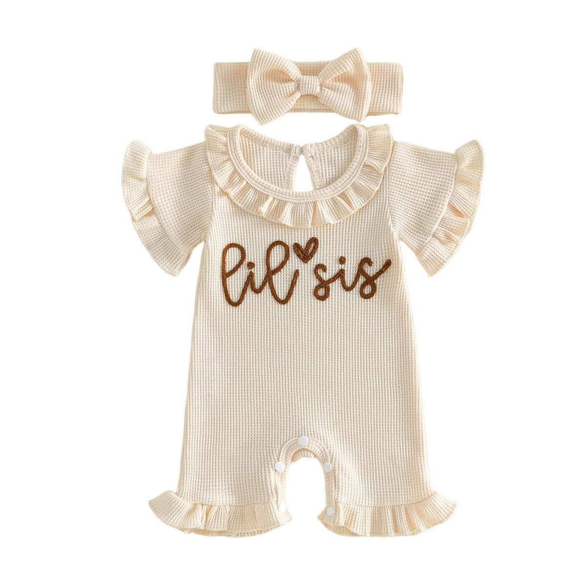 Baby Lace-Trim Short-Sleeve Romper With Headband | Khaki And Pink