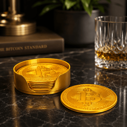 Bitcoin Coasters | Stacked Coin Design | Metallic Gold Finish | Desk Bar Decor