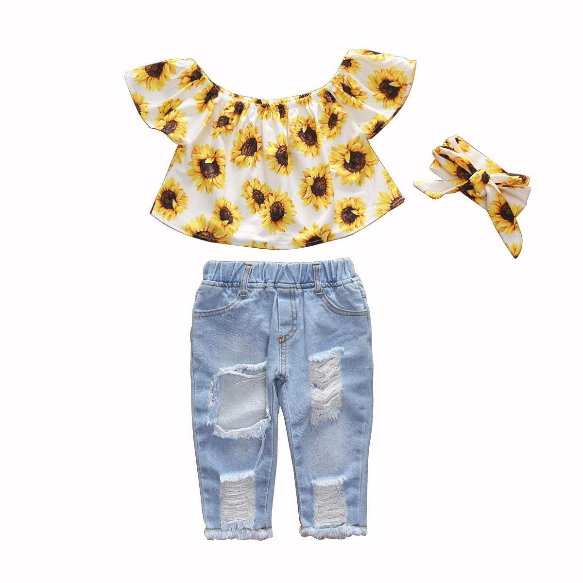 Kids' Cotton Ripped-Hole Pants And Headscarf 3-Piece Set | Flower Pattern | White And Yellow