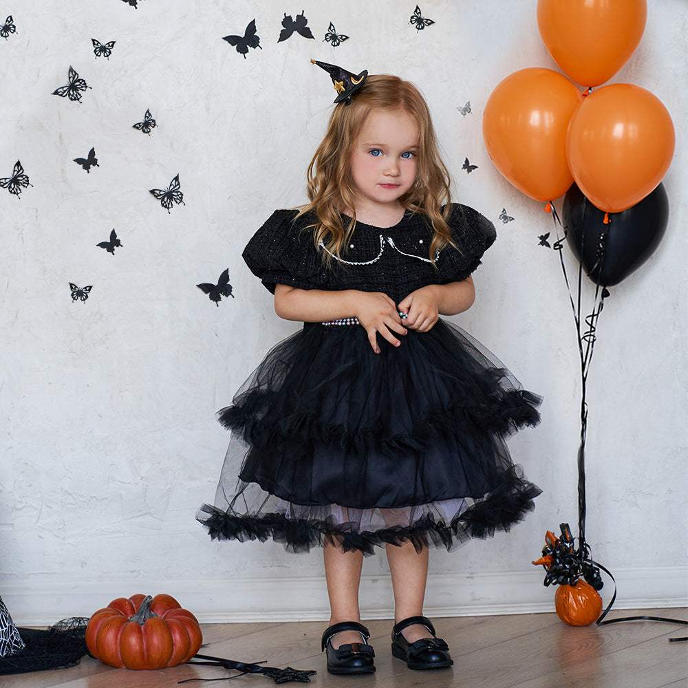 Girls' Halloween Mesh Stitching Puff Sleeve Dress | Black