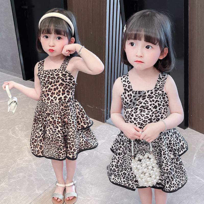 Girls' Leopard-Print Backless Lace-Up Tiered Dress | Coffee