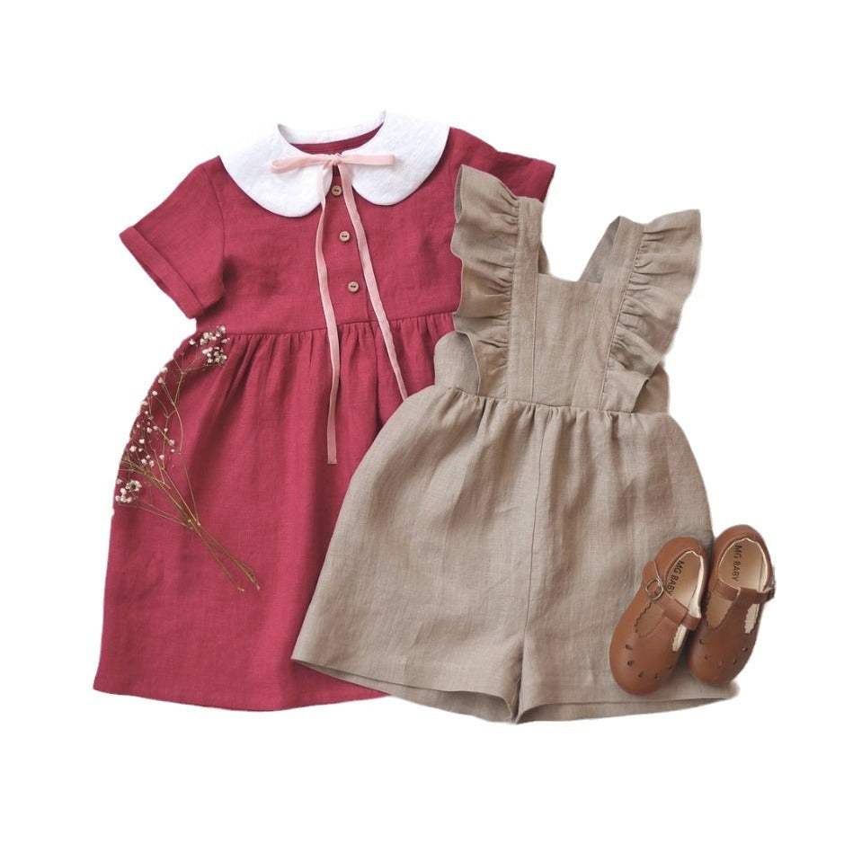 Infant Cotton And Linen One-Piece Strap Shorts Romper | Green, Apricot, Brown And Khaki