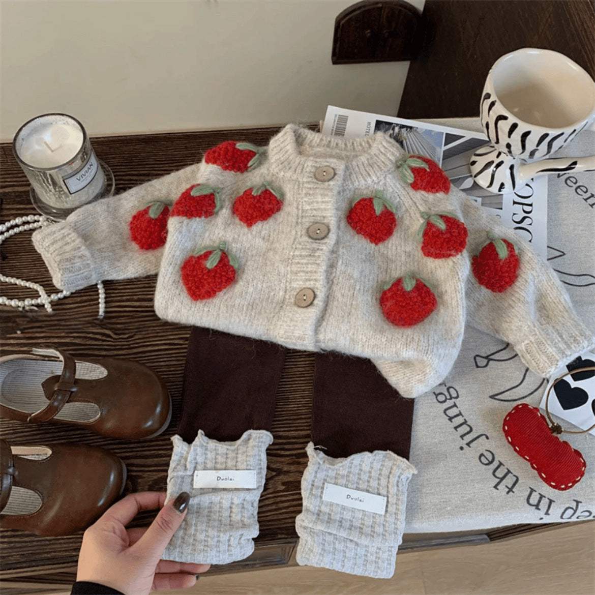 Baby Strawberry Knitted Cardigan And Pants Two-Piece Set | Cotton | Korean Style Style