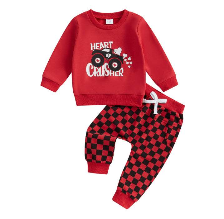 Baby Heart Letter Sweater And Chessboard Plaid Trousers Set | Red | 6 Months To 3 Years