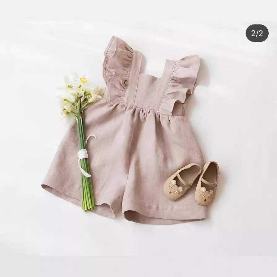 Infant Cotton And Linen One-Piece Strap Shorts Romper | Green, Apricot, Brown And Khaki