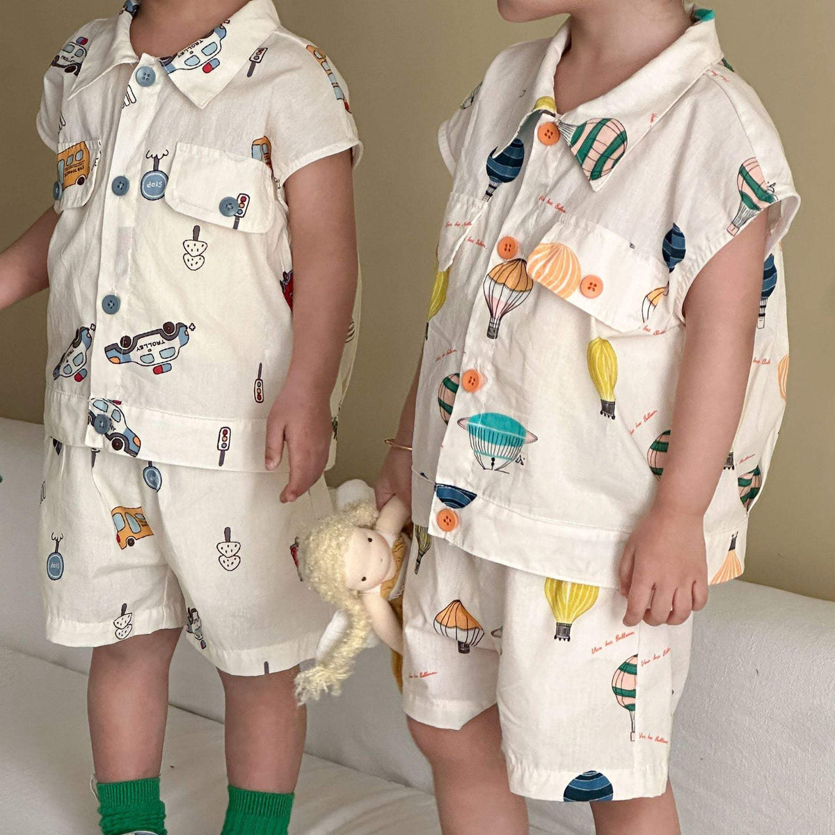 Kids' Thin Summer Shirt Set | Cartoon Car And Hot Air Balloon