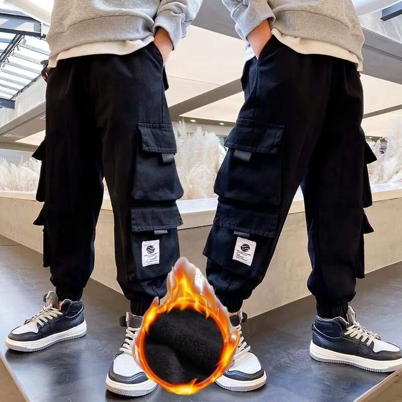 Big Kids' Multi-Pocket Fleece Cargo Work Pants | Ankle-Tie | Black And Green
