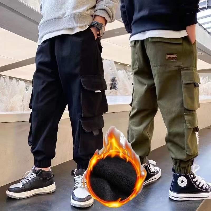 Big Kids' Multi-Pocket Fleece Cargo Work Pants | Ankle-Tie | Black And Green