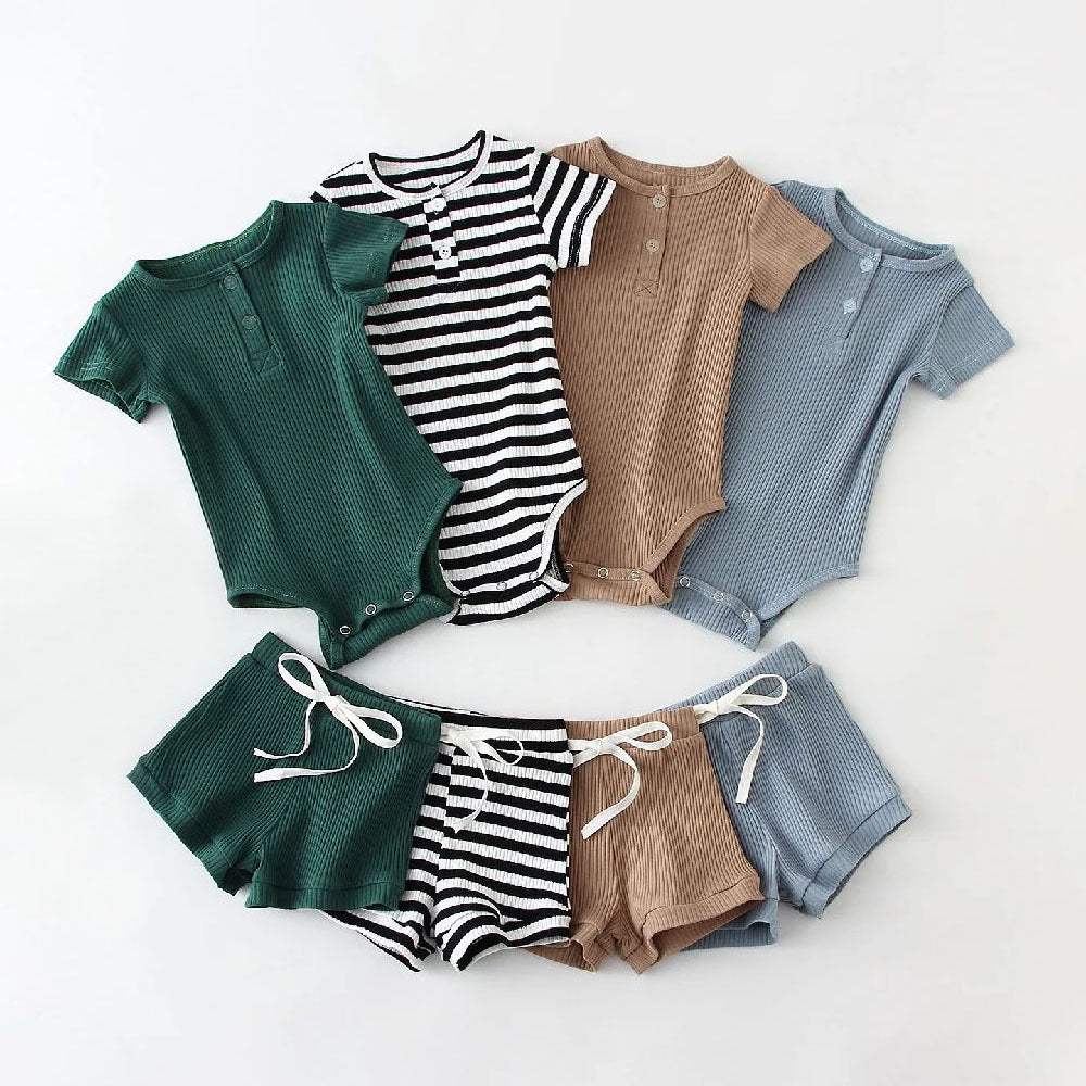 Boys' Summer Round-Neck Romper Suit | Two-Piece | Striped And Solid