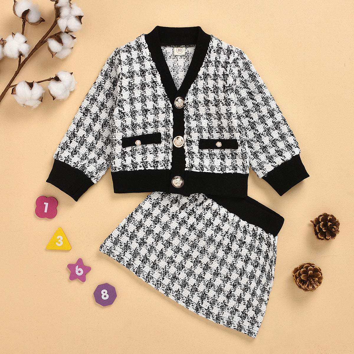 Girls' Long-Sleeve Plaid Skirt Suit | Hemp Blend | Two-Piece Set