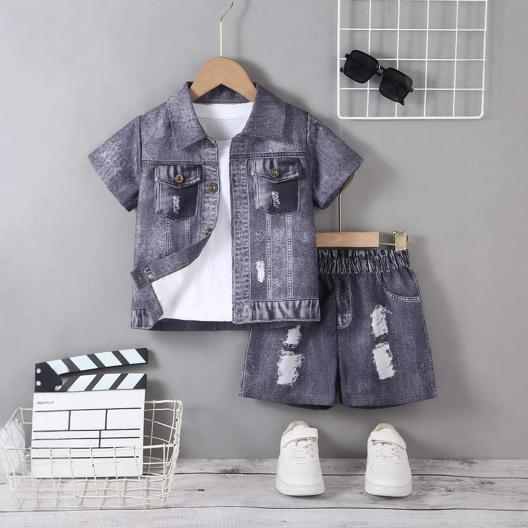 Kids' Broken Hole Design Top And Shorts Set | Gray | Ages 4-7