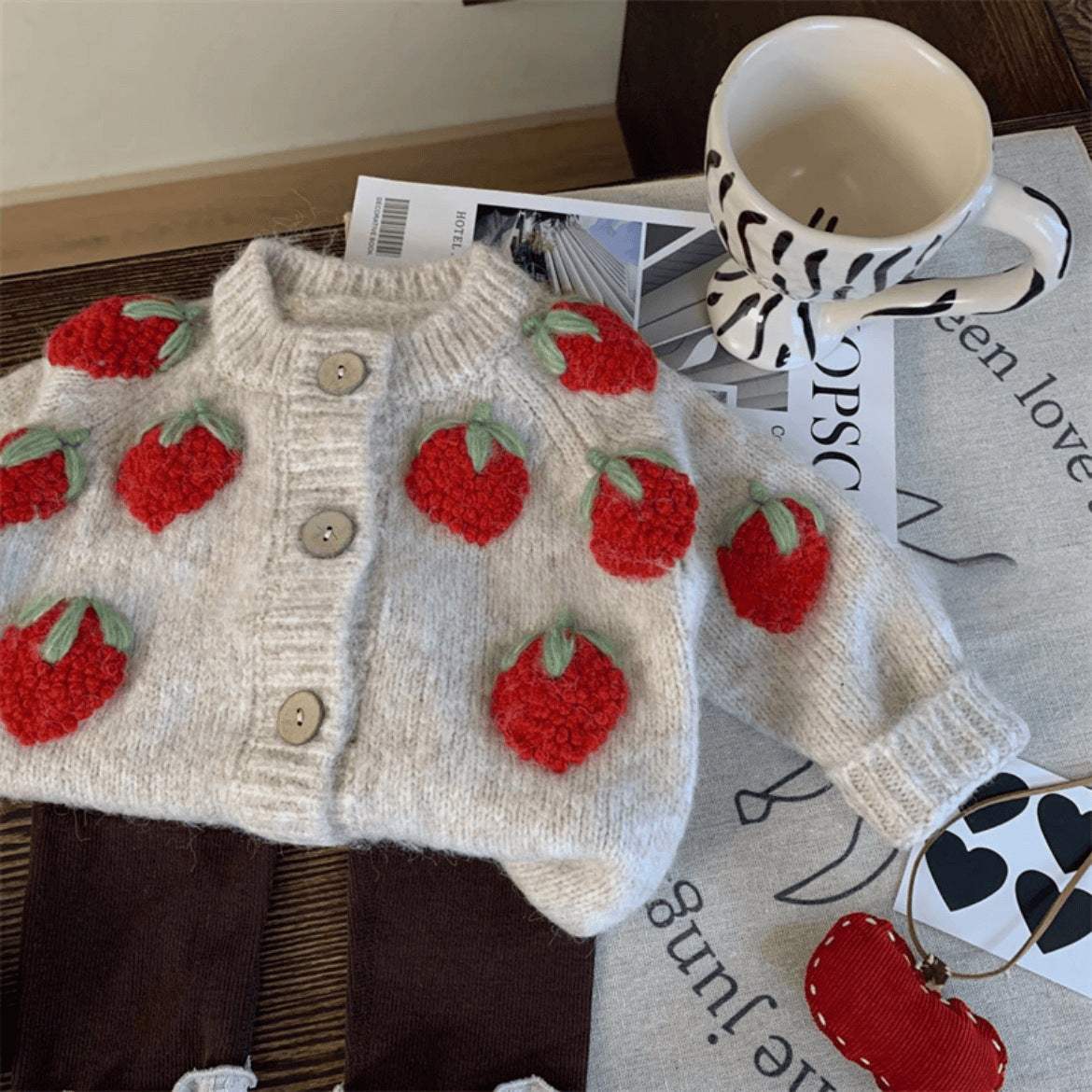 Baby Strawberry Knitted Cardigan And Pants Two-Piece Set | Cotton | Korean Style Style