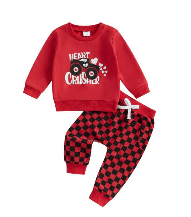 Baby Heart Letter Sweater And Chessboard Plaid Trousers Set | Red | 6 Months To 3 Years