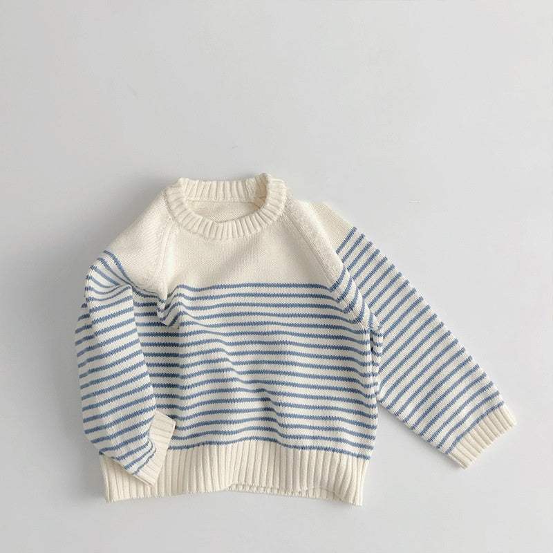 Kids' Korean-Style Loose Striped Knitted Sweater Coat | Navy Blue