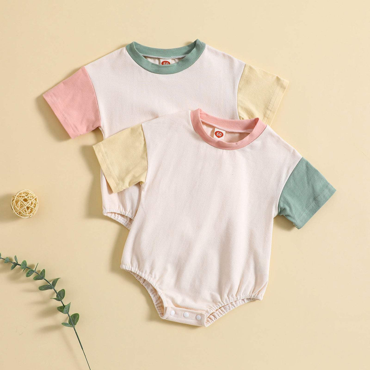 Baby Solid Color Stitched Short-Sleeve Romper | Light Green And Pink | 60-100 cm