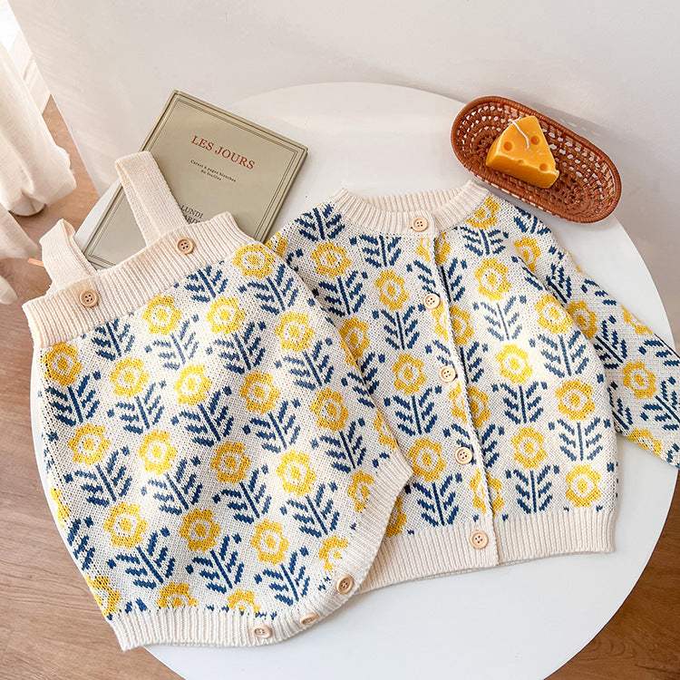 Baby Flower Knitted Cardigan Romper Set | Soft-Treated Sweater