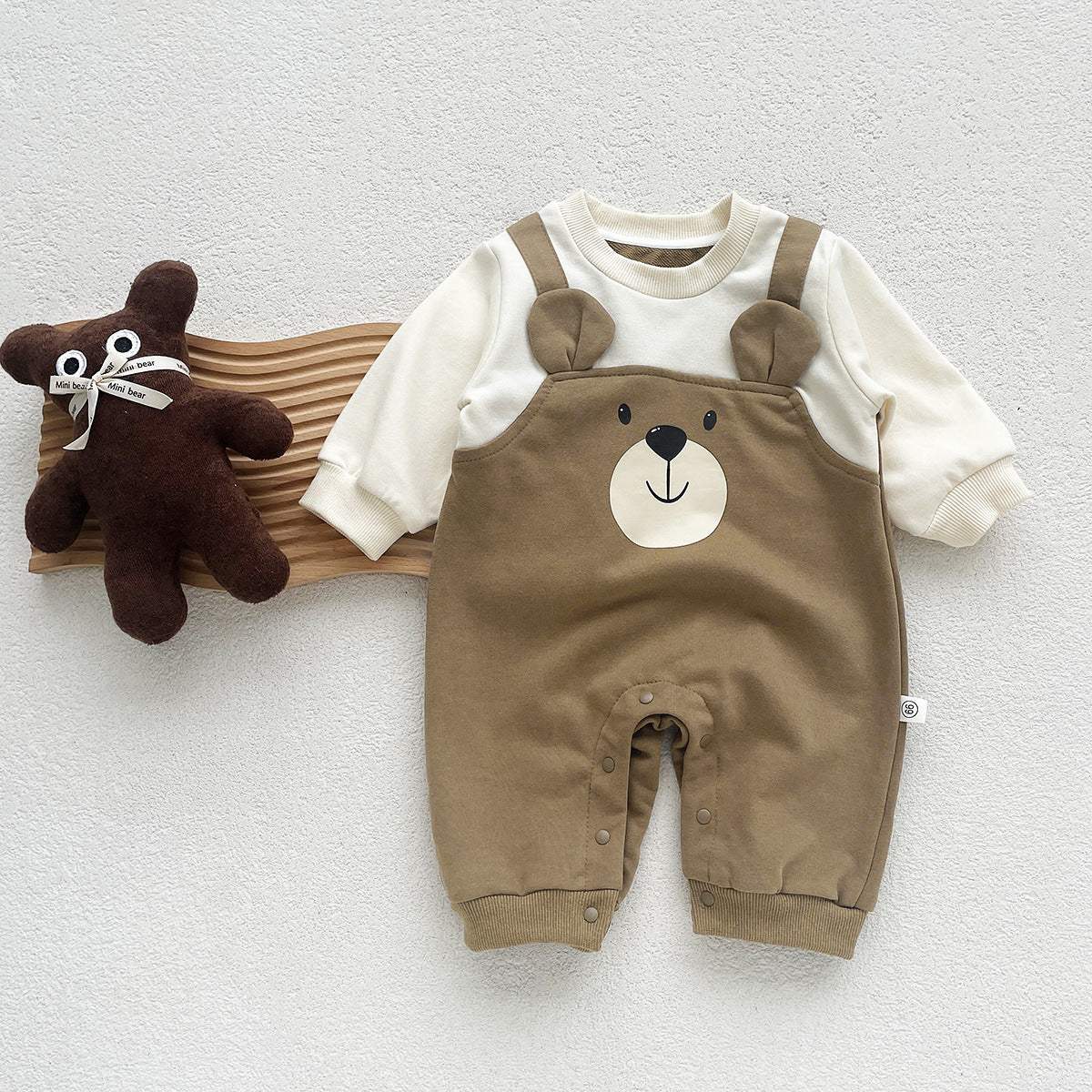 Baby Little Bear Fake Two-Piece Long-Sleeve Onesie | Apricot And Coffee Brown