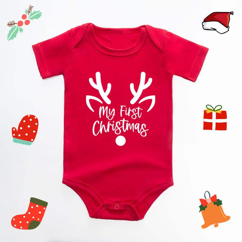 Baby Christmas Deer Red Triangle Romper | English Letter Print
