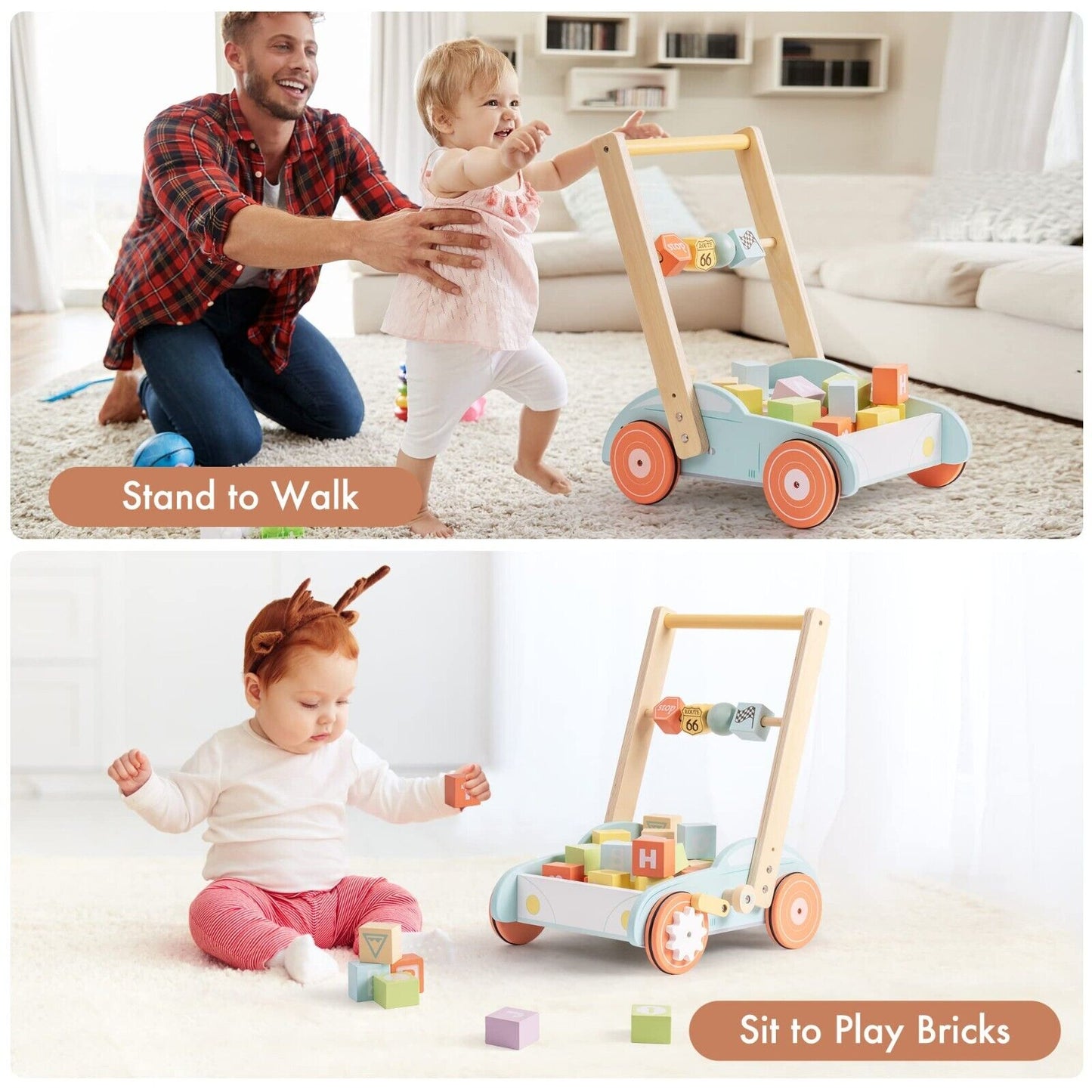 ROBUD Multifunction Wooden Baby Walker Push Toy with ABC 123 Traffic Sign Blocks - ToylandEU