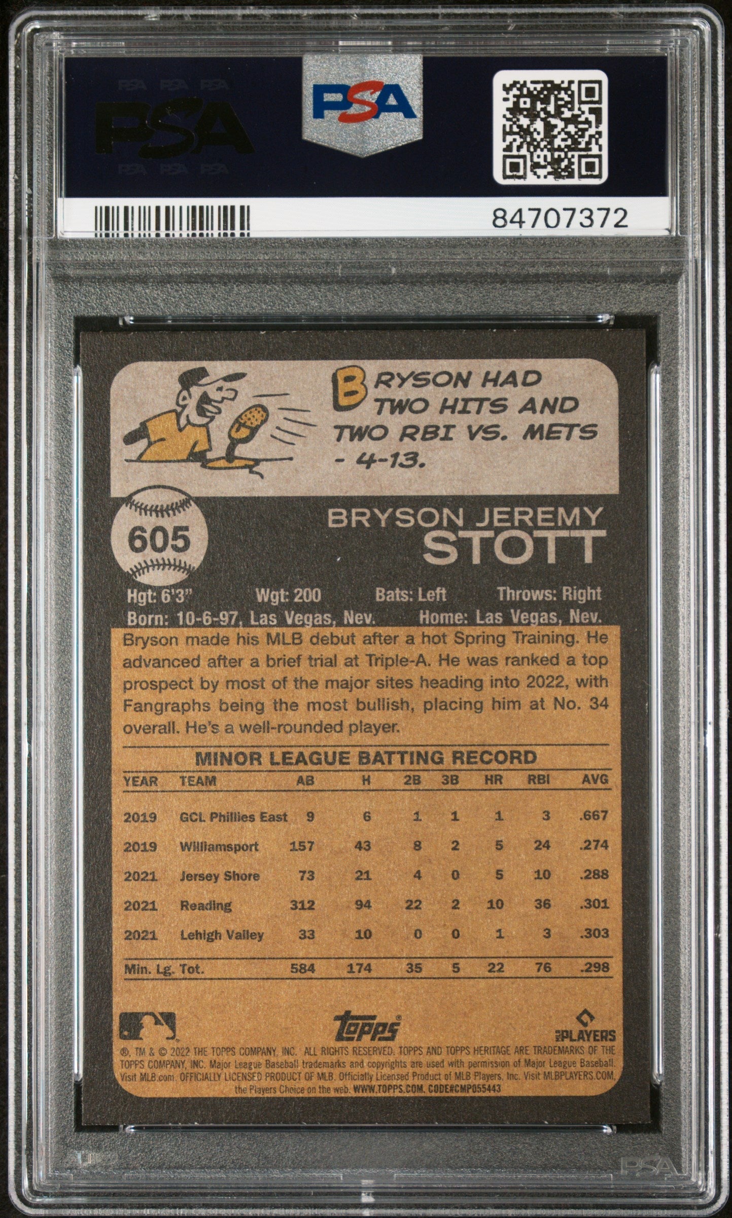 Bryson Stott 2022 Topps Heritage Rookie Card PSA 10