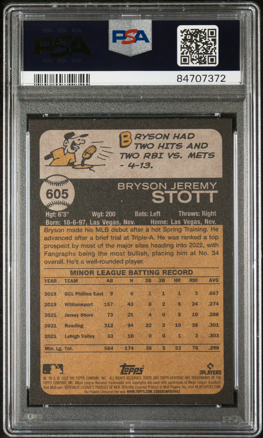Bryson Stott 2022 Topps Heritage Rookie Card PSA 10