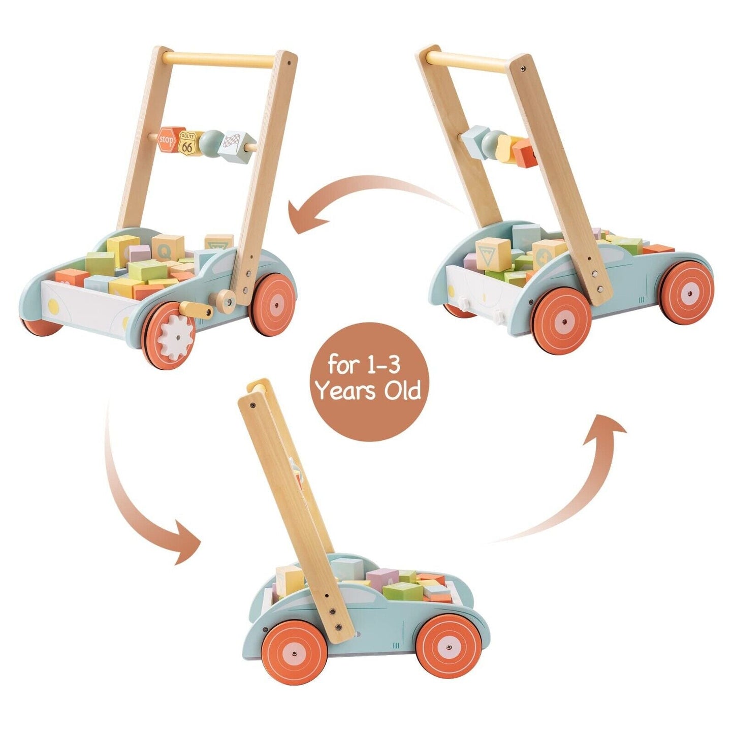 ROBUD Multifunction Wooden Baby Walker Push Toy with ABC 123 Traffic Sign Blocks - ToylandEU