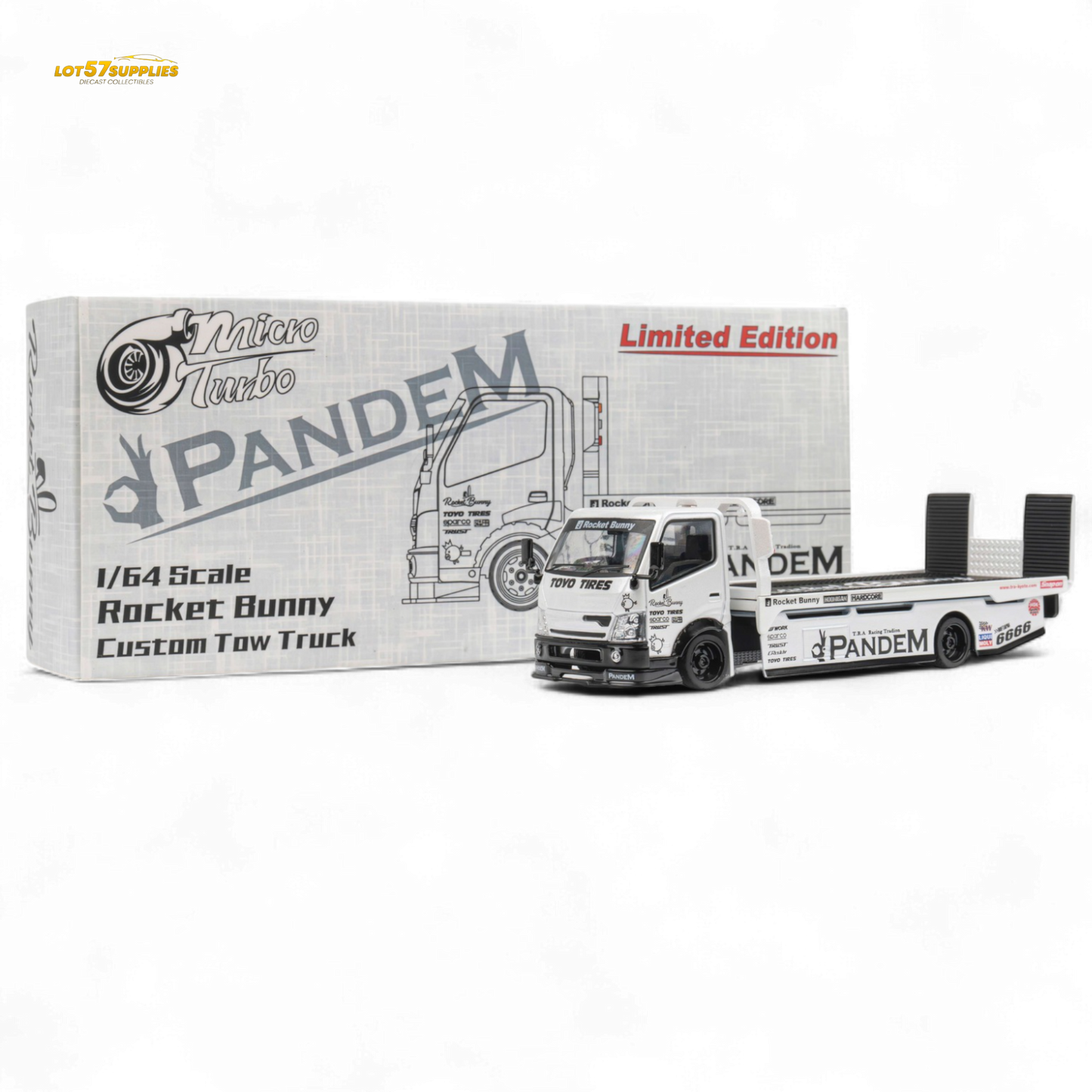 Diecast MicroTurbo HINO 300 Flat Bed Transport Truck in Pandem Rocket Bunny White 1:64