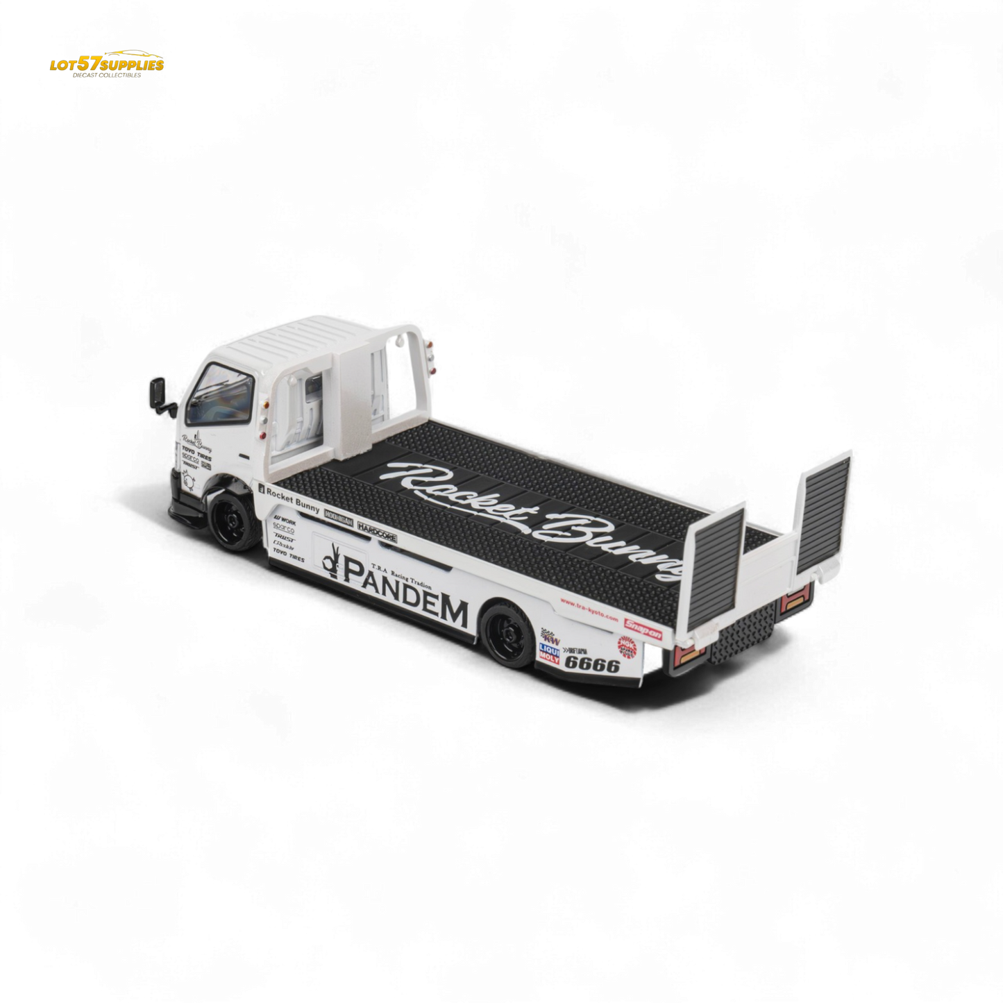 Diecast MicroTurbo HINO 300 Flat Bed Transport Truck in Pandem Rocket Bunny White 1:64