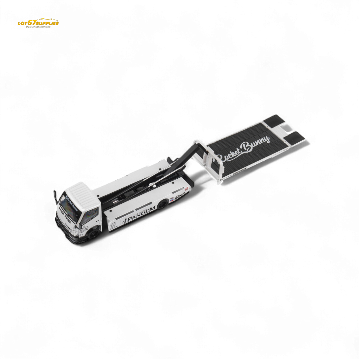 Diecast MicroTurbo HINO 300 Flat Bed Transport Truck in Pandem Rocket Bunny White 1:64