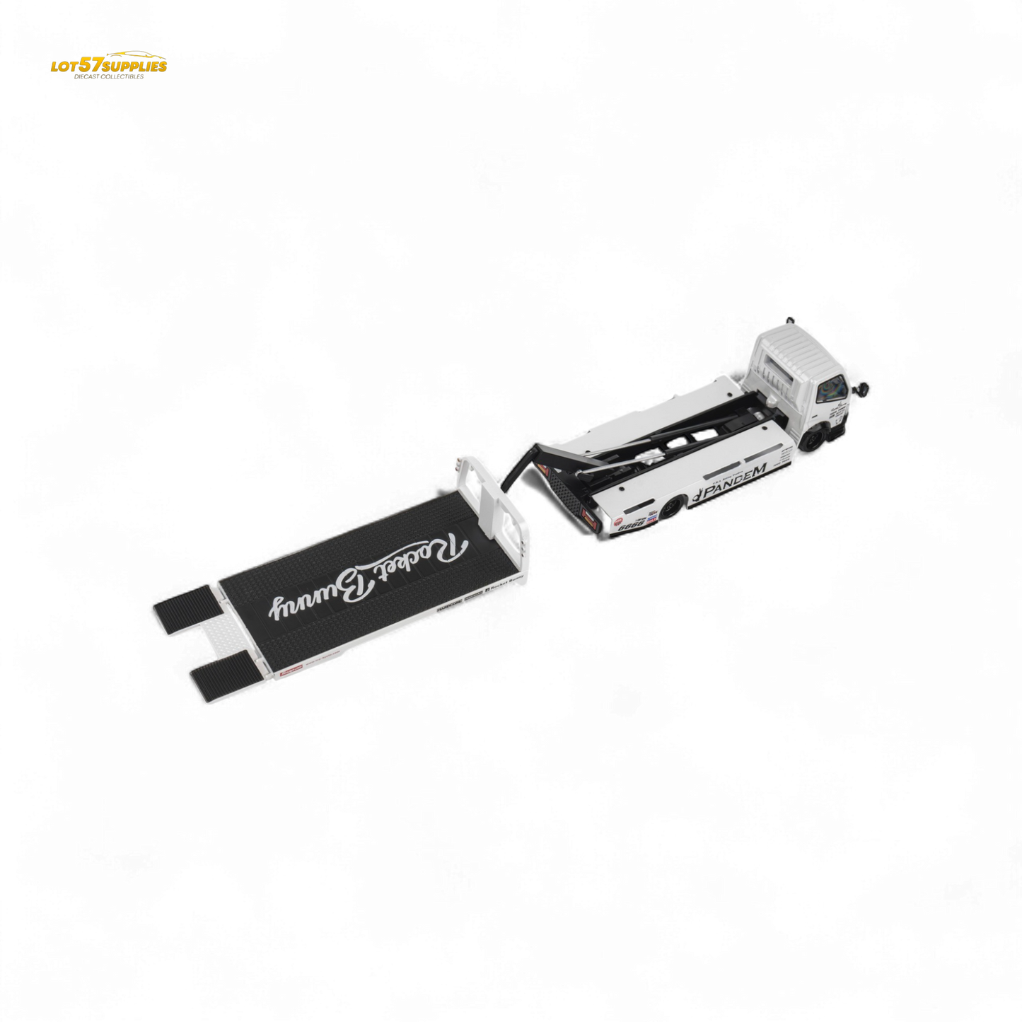 Diecast MicroTurbo HINO 300 Flat Bed Transport Truck in Pandem Rocket Bunny White 1:64