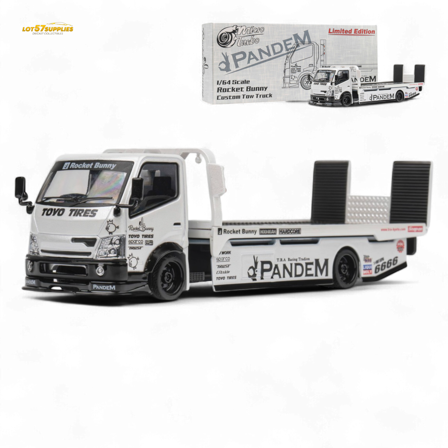 Diecast MicroTurbo HINO 300 Flat Bed Transport Truck in Pandem Rocket Bunny White 1:64