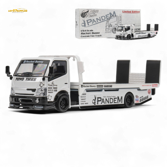 Diecast MicroTurbo HINO 300 Flat Bed Transport Truck in Pandem Rocket Bunny White 1:64