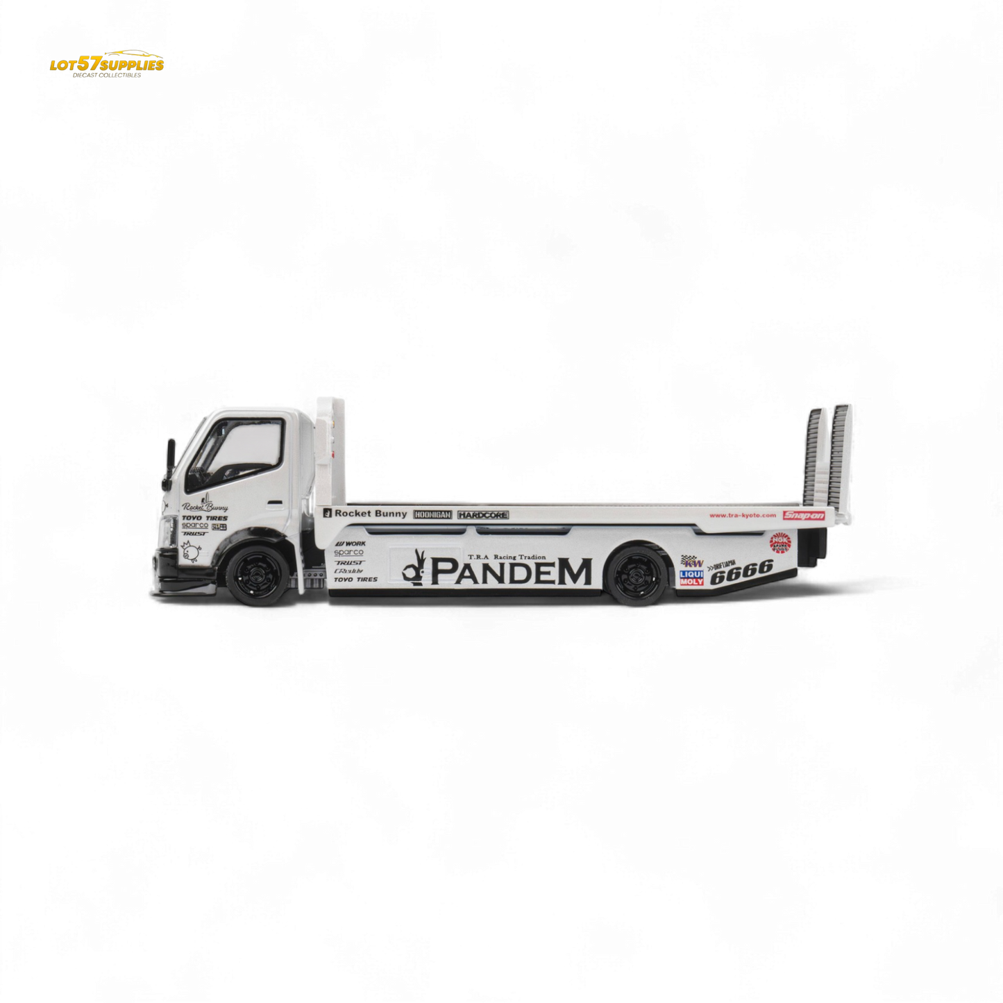Diecast MicroTurbo HINO 300 Flat Bed Transport Truck in Pandem Rocket Bunny White 1:64