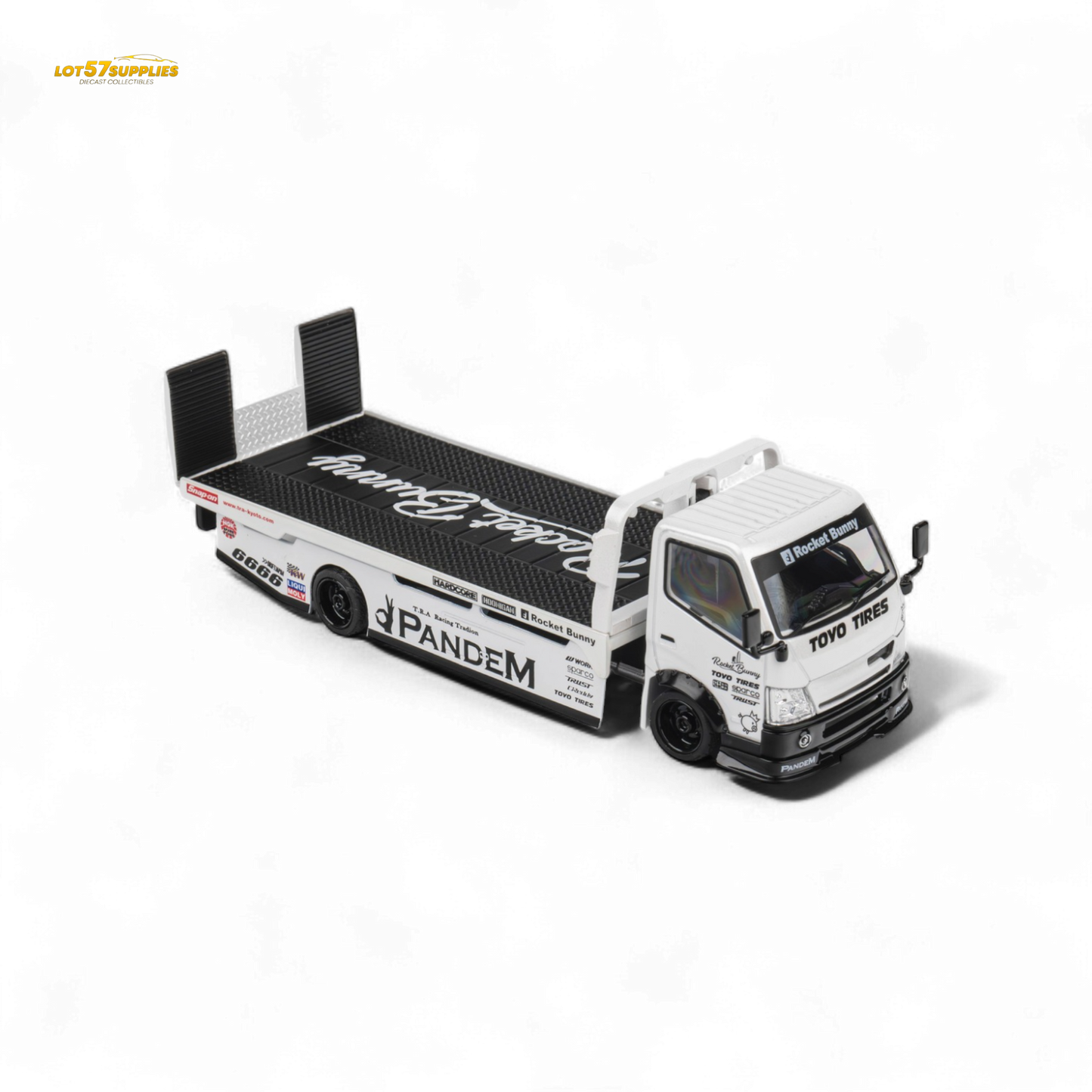 Diecast MicroTurbo HINO 300 Flat Bed Transport Truck in Pandem Rocket Bunny White 1:64
