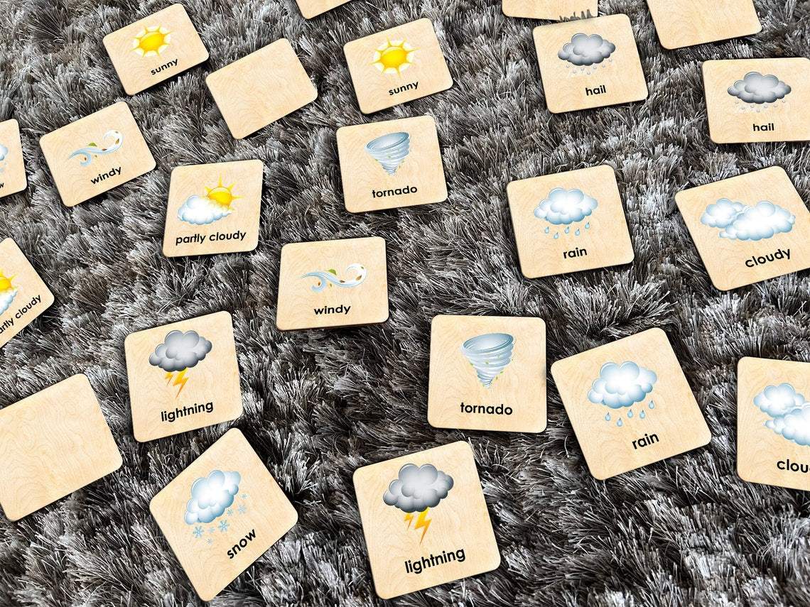 Memory Game Cards | Weather Theme | 18 Matching Pieces | Toddler Learning
